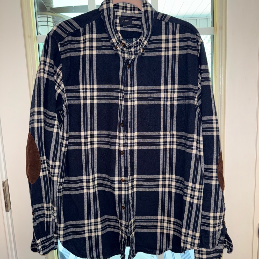 Navy and White Plaid Shirt with Elbow Patches